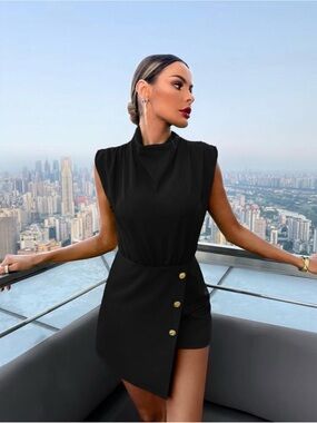 Elegant Black Mock neck Button romper - Women